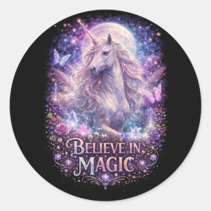 Pegatina Redonda Sueños de Unicornio a la Luz de la Luna