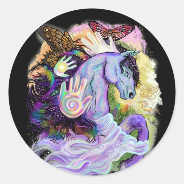 Pegatina Redonda Sueños equinos (Anverso)