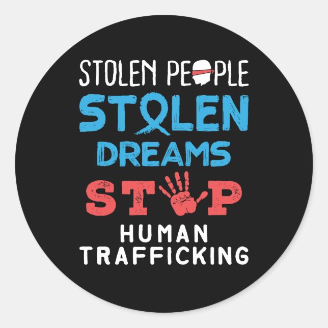 Pegatina Redonda Sueños robados detienen el tráfico humano (Anverso)