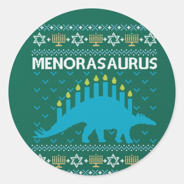 Pegatina Redonda Suéter de Hanukkah, Menorasaurus, Dinosa judía (Anverso)
