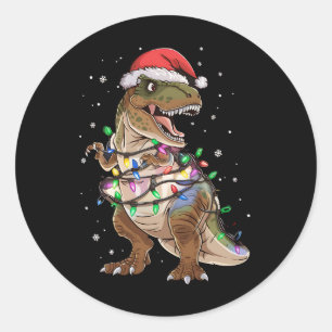 Pegatina Redonda Suéter de Navidad de árbol de dinosaurio T-rex Xma