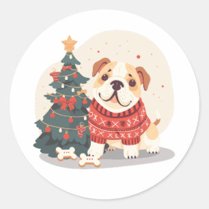 Pegatina Redonda Suéter de Navidad para Bulldog Inglés