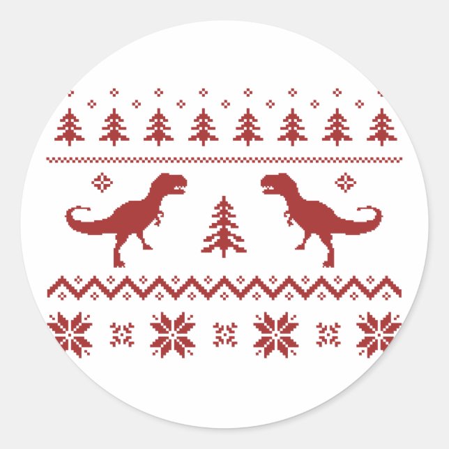 Pegatina Redonda Suéter de Navidades de dinosaurios T-Rex feos (Anverso)