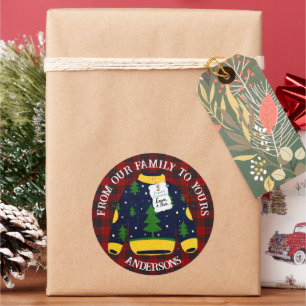 Pegatina Redonda Suéter feo de cuadros rojos y negros Feliz Navidad