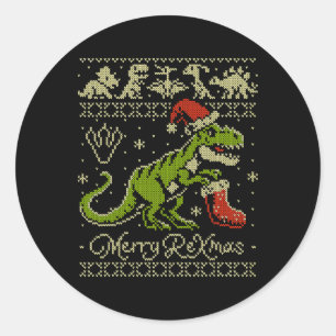 Pegatina Redonda Suéter feo de Navidad de dinosaurio - Navidad dive