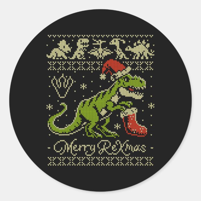 Pegatina Redonda Suéter feo de Navidad de dinosaurio - Navidad dive (Anverso)