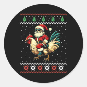 Pegatina Redonda Suéter feo de Navidad de granjero con Santa montan