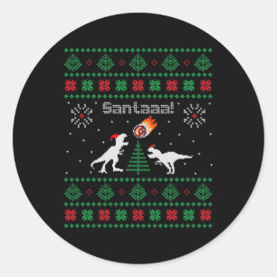 Pegatina Redonda Suéter feo de Navidad de Santaaa Dinosaurio 