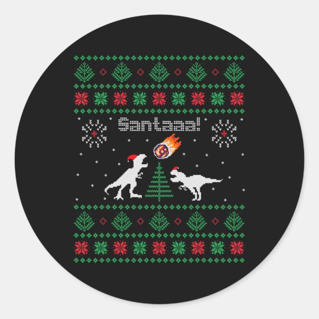 Pegatina Redonda Suéter feo de Navidad de Santaaa Dinosaurio  (Anverso)
