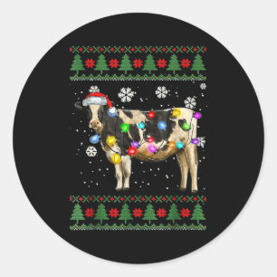 Pegatina Redonda Suéter feo de Navidad de vaca Sombrero de Santa y