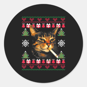 Pegatina Redonda Suéter feo de Navidad divertido gato fumando meme