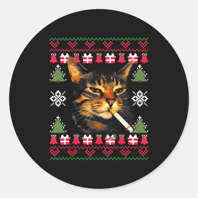 Pegatina Redonda Suéter feo de Navidad divertido gato fumando meme  (Anverso)