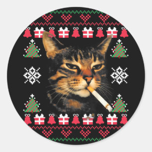 Pegatina Redonda Suéter feo de Navidad divertido para gato fumando