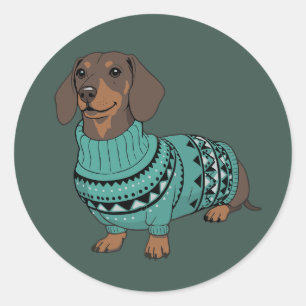 Pegatina Redonda Suéter Feo de Navidad para Perro Wiener Dachshund 