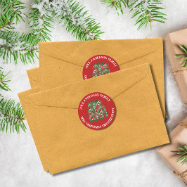 Pegatina Redonda Suéter feo de Navidad rojo y verde festivo para fi