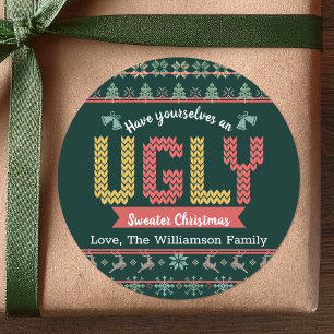 Pegatina Redonda Suéter feo verde de Navidad tejido nórdico persona