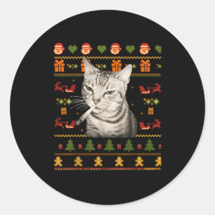 Pegatina Redonda Suéteres Feos De Navidad Divertidos Gatos Fumando 