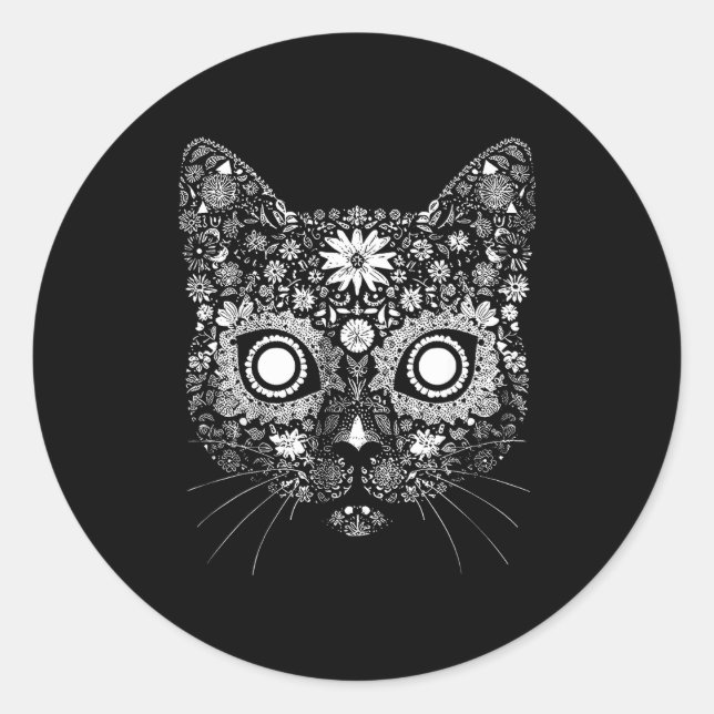 Pegatina Redonda Sugar Cat Skull Flower Artistic Design  (Anverso)
