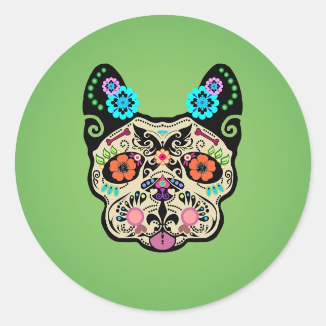Pegatina Redonda Sugar Skull Frenchie - Verde (Anverso)