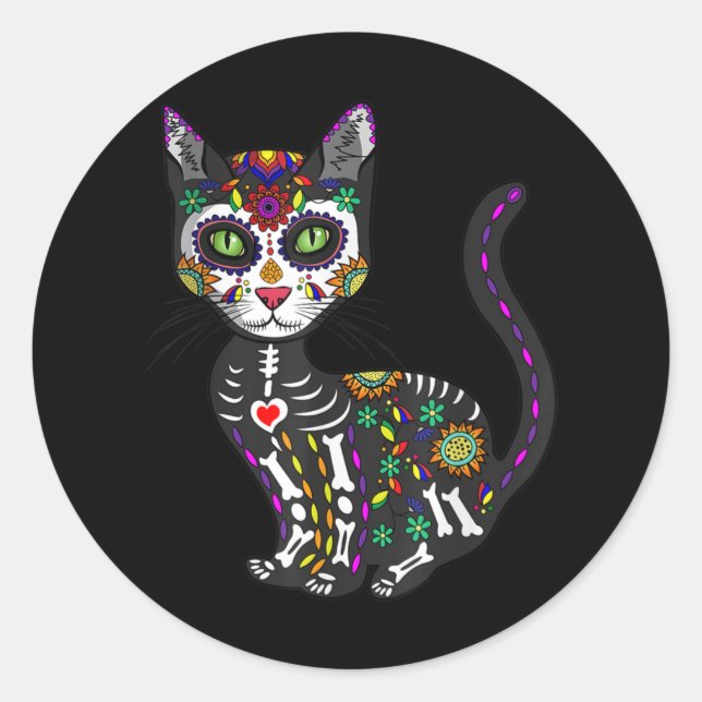 Pegatina Redonda Sugar Skull Mexican Cat Halloween Day Of The Dead (Anverso)