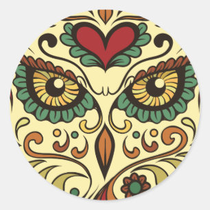 Pegatina Redonda Sugar Skull Owl Head