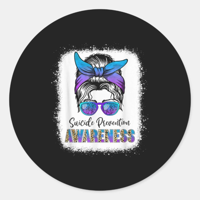 Pegatina Redonda Suicide Awareness Shirt Messy Bun Hair Suicide Pre (Anverso)