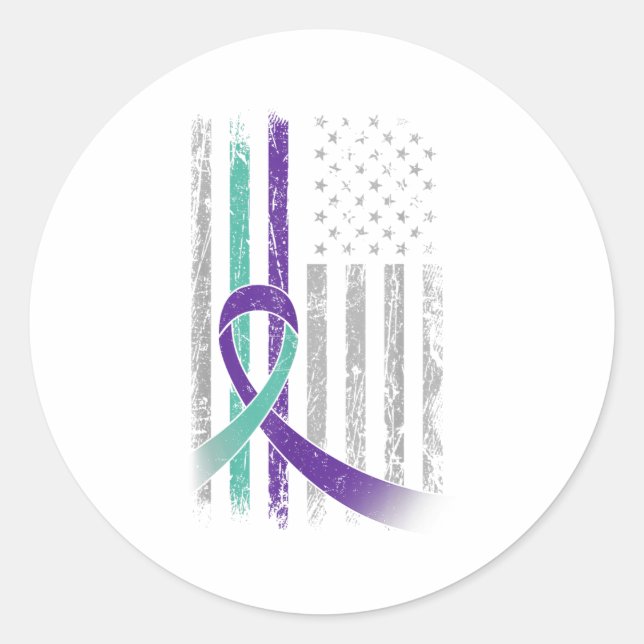 Pegatina Redonda Suicide Prevention Awareness America Flag Teal Pur (Anverso)