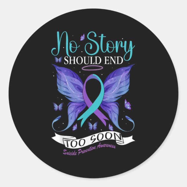 Pegatina Redonda Suicide Prevention Awareness - No Story Should End (Anverso)