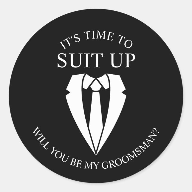 Pegatina Redonda "SUIT UP" Propuesta de Black Suit y Tie Groomsman (Anverso)