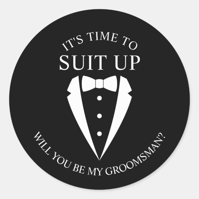 Pegatina Redonda "SUIT UP" Propuesta de Groomsman de Black Tuxedo (Anverso)