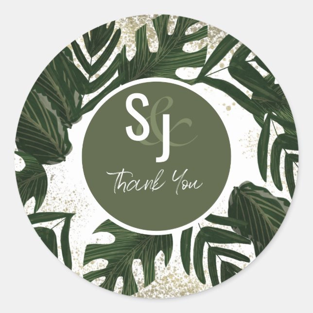 Pegatina Redonda Suite de Boda Monstera Tropical Falso Salpicaduras (Anverso)