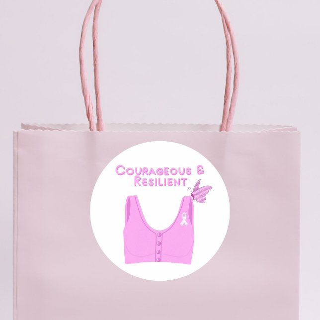 Pegatina Redonda Sujetador de cáncer de mama valiente y resistente (Show your strength and support with this Courageous & Resilient Breast Cancer Bra sticker.)