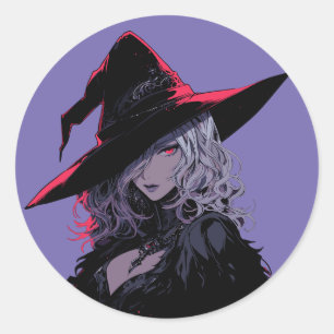 Pegatina Redonda Sultry Halloween Bruja gótica en un Gorra negro