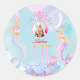 Pegatina Redonda ¡Sumérgete en una Fiesta de Cumpleaños de Sirena!