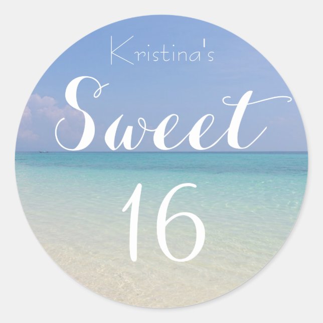 Pegatina Redonda Summer Beach Sweet 16 con nombre (Anverso)