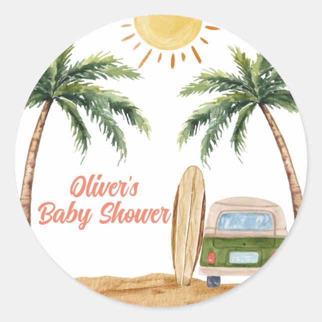 Pegatina Redonda Summer Boho Surf Beach Van Baby Shower (Anverso)