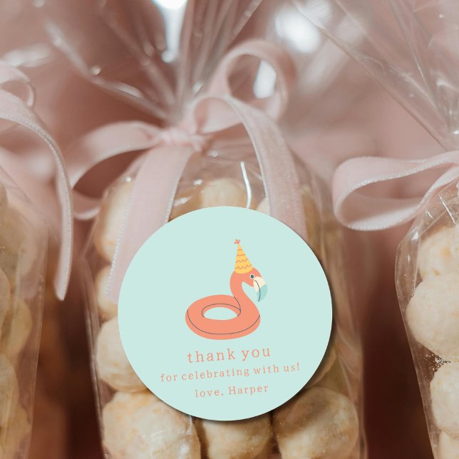 Pegatina Redonda summer flamingo float kids birthday pool party (flamingo birthday pool party personalized name thank you party favor sticker label)