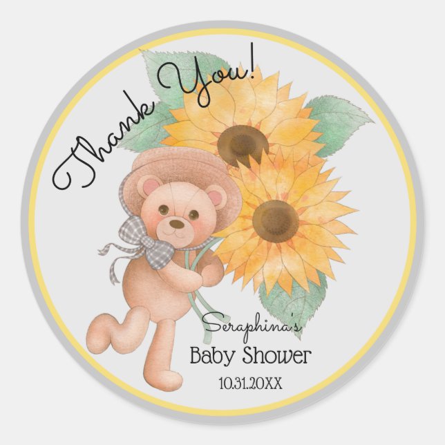 Pegatina Redonda Summer Floral Teddy Bear Baby Shower Gracias (Anverso)
