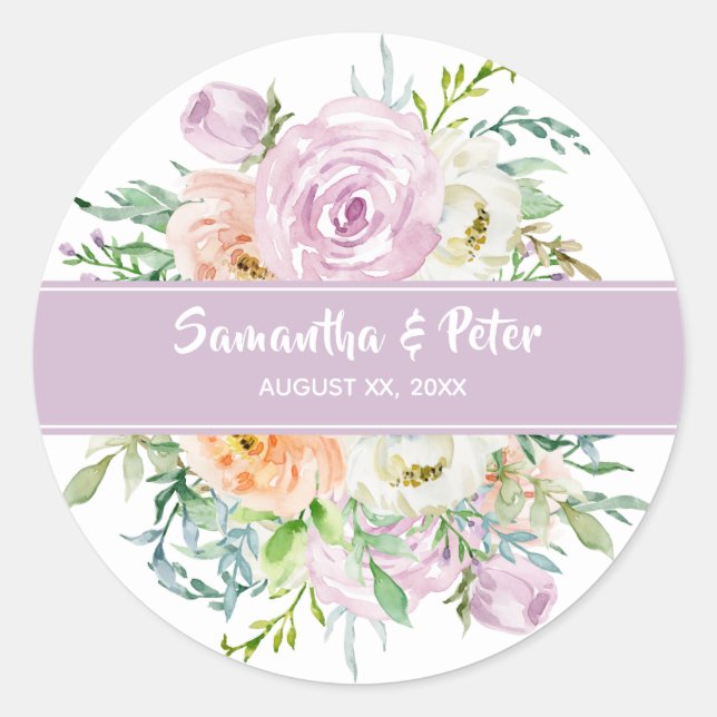 Pegatina Redonda Summer Flowers Floral Round Wedding Sticker (Anverso)