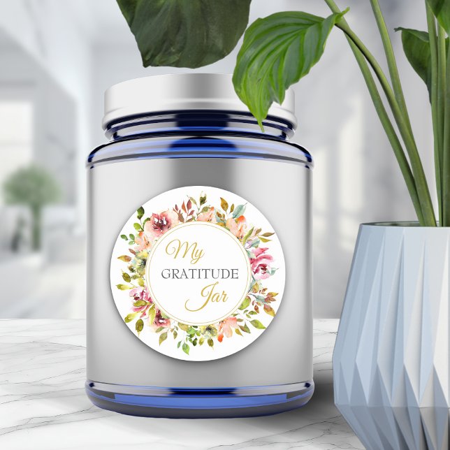 Pegatina Redonda Summer Garden Floral Gracias Gratitude Jar (Summer Garden Floral Thank You Gratitude Jar Classic Round Sticker)