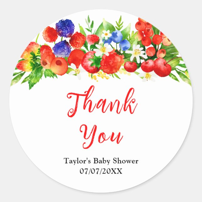 Pegatina Redonda Summer Mixed Berries Baby Shower Thank You (Anverso)