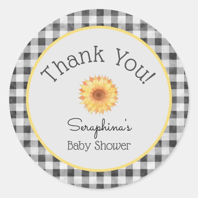Pegatina Redonda Summer Picnic Gingham Sunflower Baby Shower (Anverso)