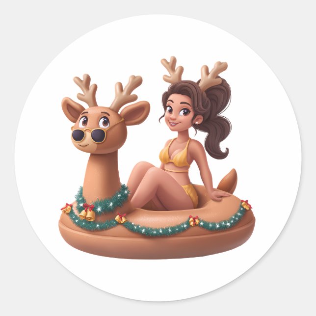 Pegatina Redonda Summer Reindeer Holiday Fun Pool Party Design (Anverso)