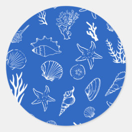 Pegatina Redonda Summer Seashells Frame Beach Wedding Blue