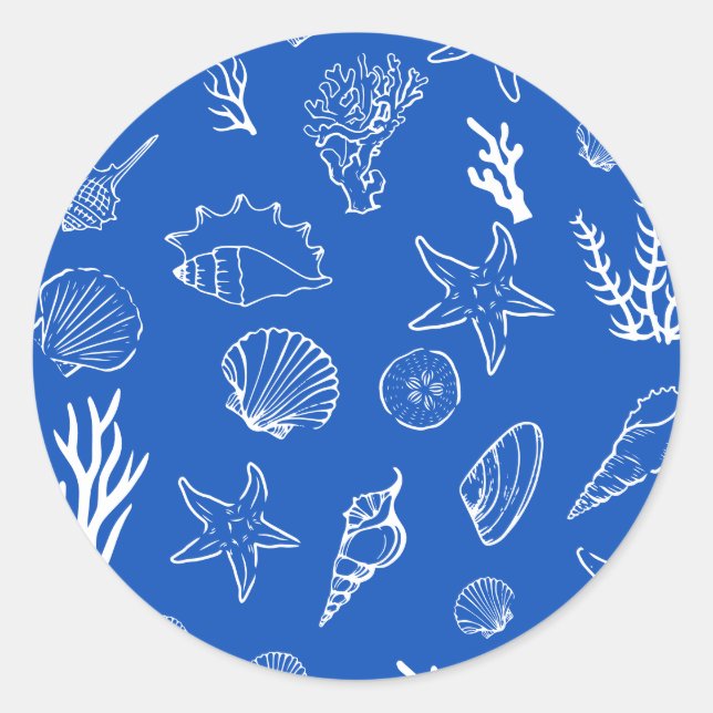 Pegatina Redonda Summer Seashells Frame Beach Wedding Blue (Anverso)