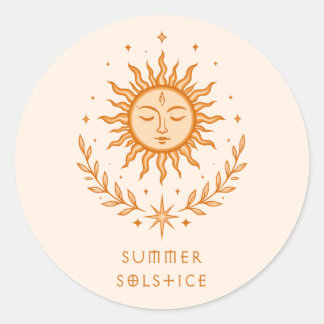Pegatina Redonda Summer Solstice Celestial Sun Face Botanical Art