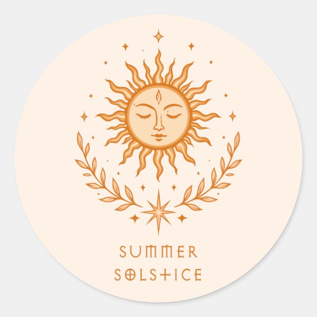 Pegatina Redonda Summer Solstice Celestial Sun Face Botanical Art (Anverso)