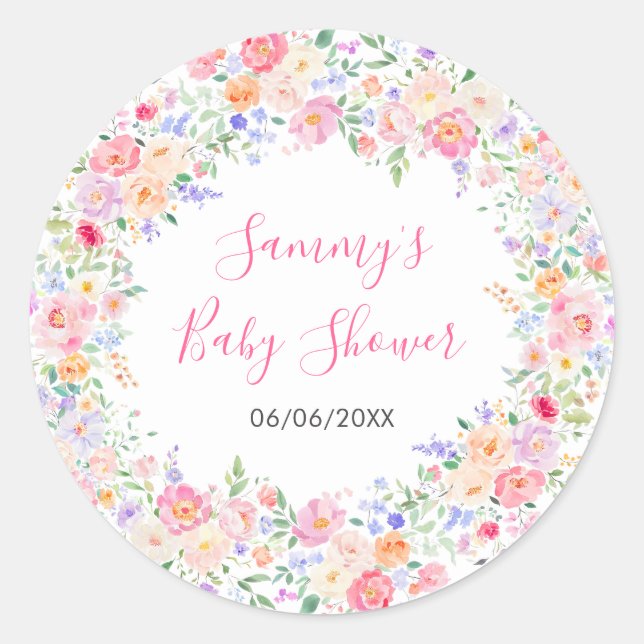 Pegatina Redonda Summer Wildflowers Floral Baby Shower (Anverso)