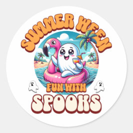 Pegatina Redonda Summerween Cute Ghost Flamingo Float Beach Party