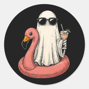 Pegatina Redonda Summerween Ghost Con Flamingo Floatie Wommes Hall